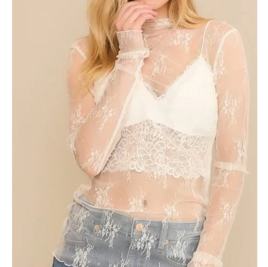 BB39 White Lace Long Sleeve Mesh Floral Layering Top