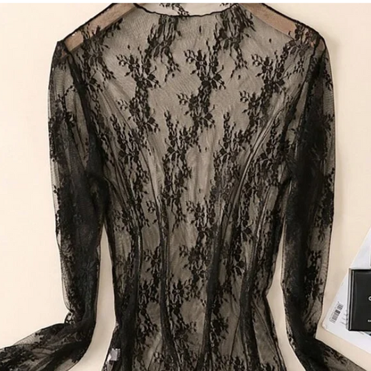 H-10 Lace Mesh Floral Layering Top Long Sleeve Women’s Black Sheer Blouse
