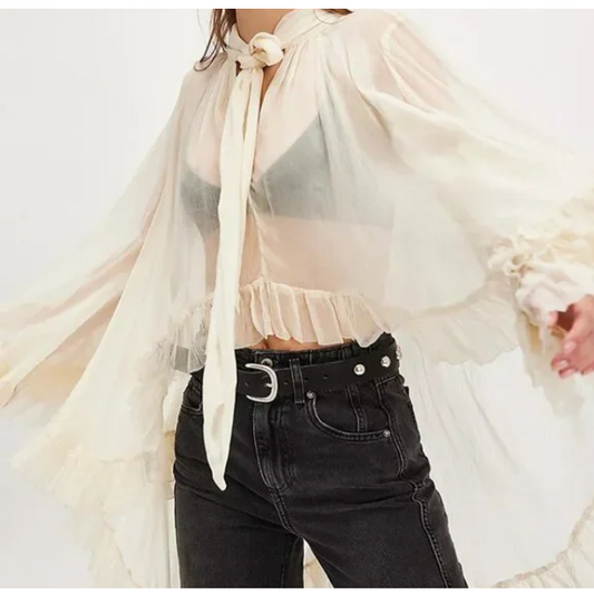 H33 Ruffle Edge Bohemian Flowy Blouse Women’s Cream Casual Top