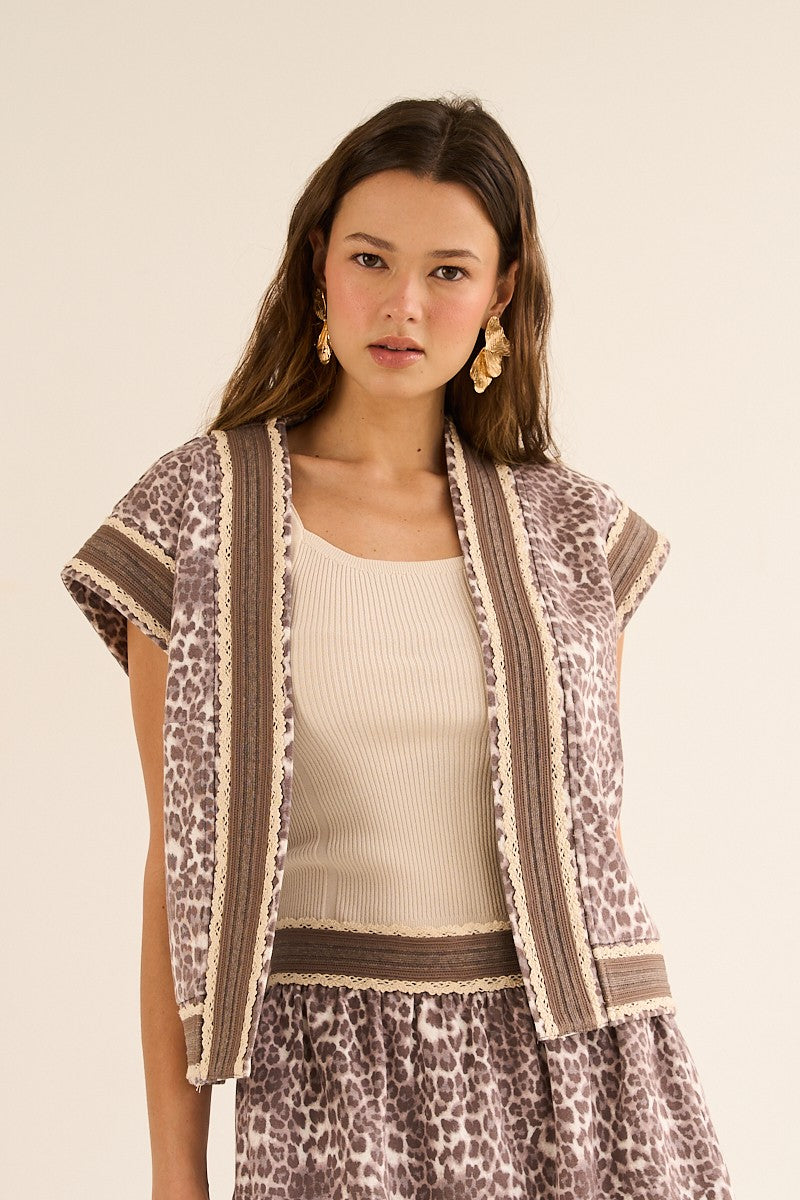 I18 Animal Print Open Front Vest with Crochet Detail