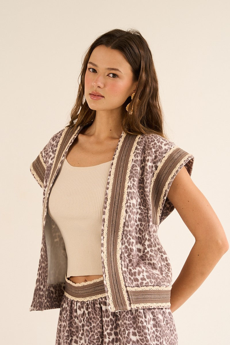 I18 Animal Print Open Front Vest with Crochet Detail