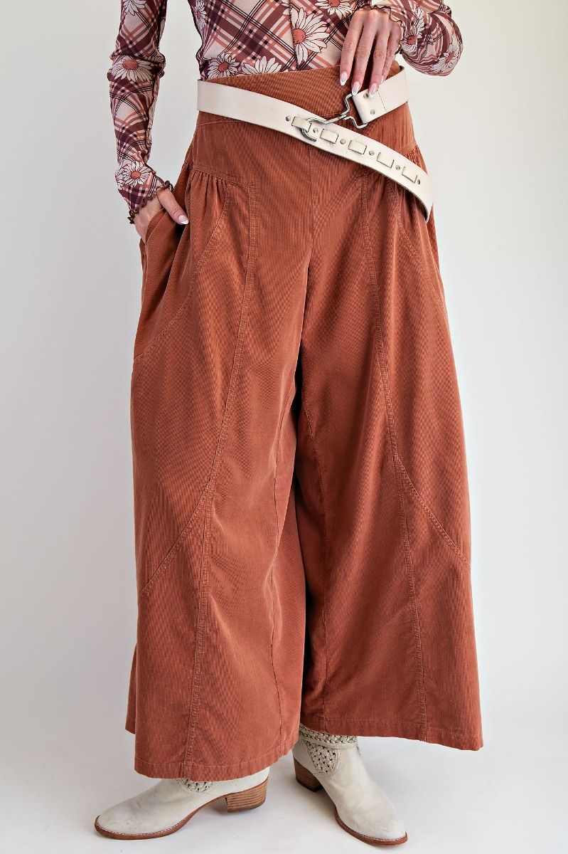K61 Cognac Brown Ultra Wide Leg Ribbed Pant