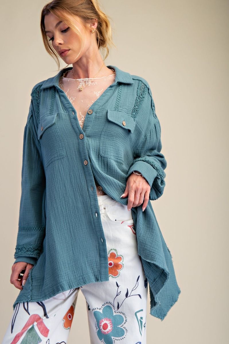K30 Soft Gauze Tunic Length Button Front Crochet Inset Top - Teal