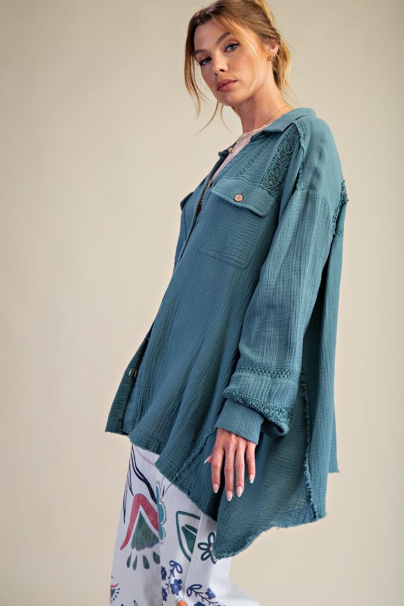 K30 Soft Gauze Tunic Length Button Front Crochet Inset Top - Teal