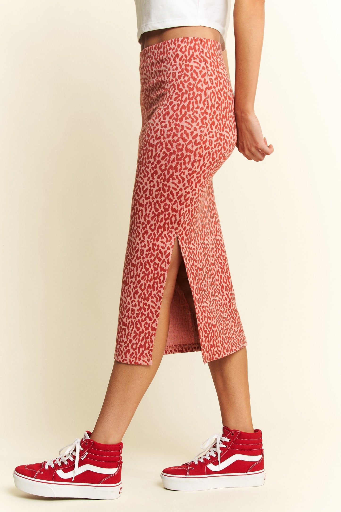 J10 Animal Print Red and Pink Print Midi Skirt